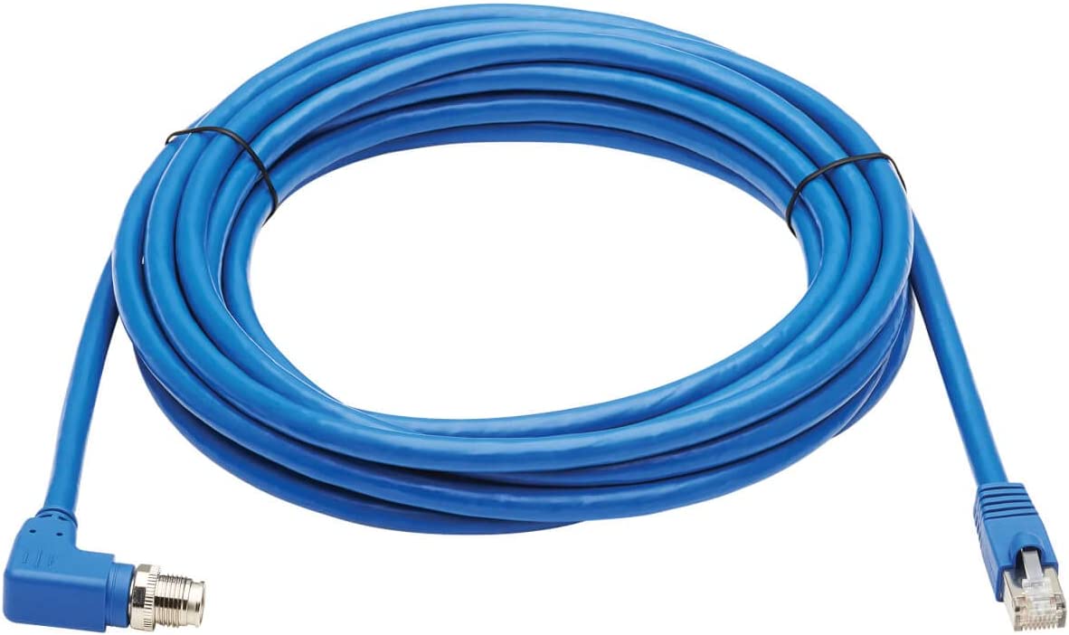 Tripp Lite M12 X-Code Cat6a Shielded Ethernet Cable, Right-Angle M12/RJ45 Cable, 10G F/UTP CMR-LP (M/M), IP68, 60W Power Over Ethernet, Blue, 16.4 Feet / 5 Meters, (NM12-6A4-05M-BL) Right-Angle M12 to RJ45 16.4 ft / 5M