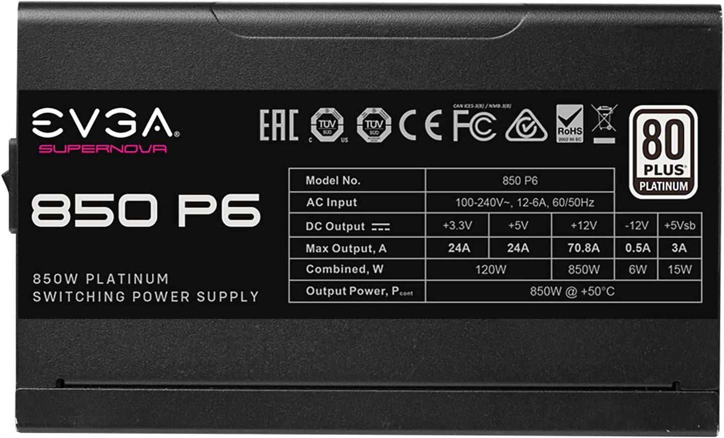 EVGA Supernova 850 P6, 80 Plus Platinum 850W, Fully Modular, Eco Mode with FDB Fan, 10 Year Warranty, Includes Power ON Self Tester, Compact 140mm Size, Power Supply 220-P6-0850-X1 P6 850W
