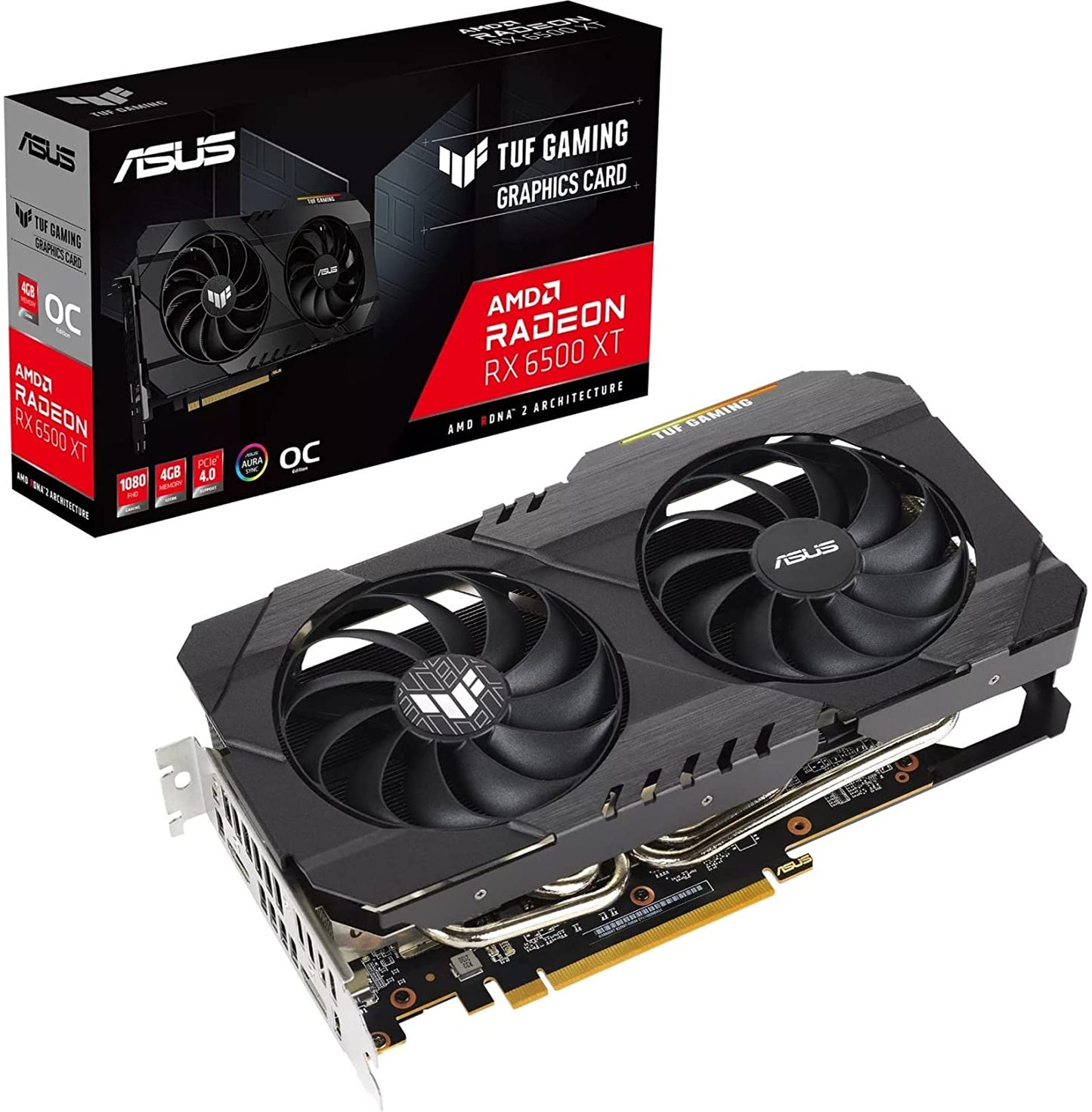 ASUS TUF Gaming AMD Radeon RX 6500 XT OC Edition Graphics Card (AMD RDNA 2, PCIe 4.0, 4GB GDDR6, HDMI 2.1, DisplayPort 1.4a, Dual Ball Fan Bearings, All-Aluminum Shroud, GPU Tweak II)
