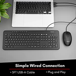 Macally USB Wired Keyboard and Mouse Combo - Plug and Play Ergonomic USB Keyboard Mouse Combo - Slim and Quiet Wired Mouse and Keyboard Combo, Corded Keyboard for Laptop, Office Desktop, PC Computer