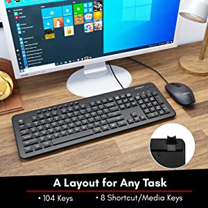 Macally USB Wired Keyboard and Mouse Combo - Plug and Play Ergonomic USB Keyboard Mouse Combo - Slim and Quiet Wired Mouse and Keyboard Combo, Corded Keyboard for Laptop, Office Desktop, PC Computer
